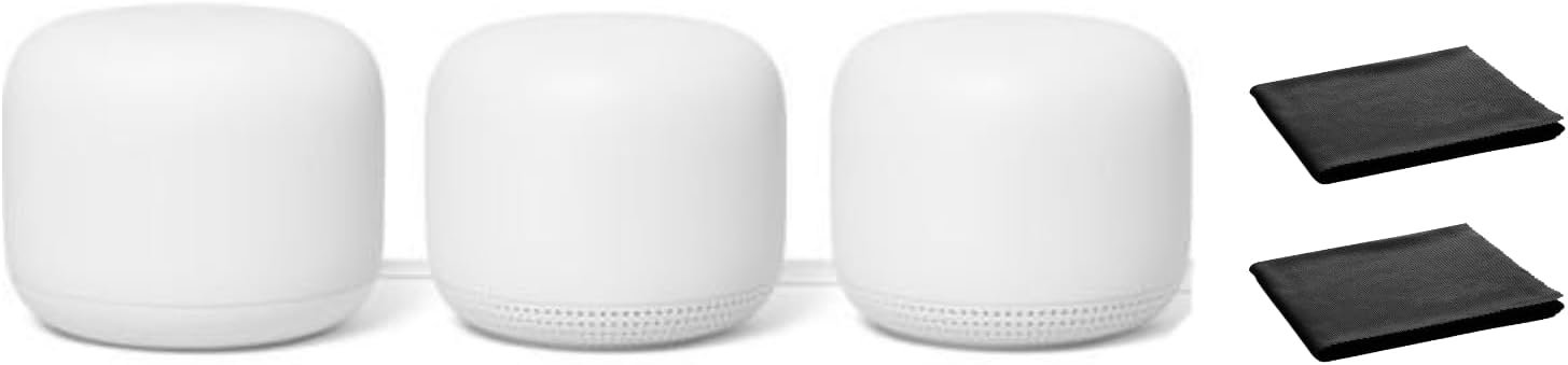 Google Nest WiFi Mesh Router (AC2200) with 2 Points, Google Assistant Built-in, 3-Pack, Snow – Whole Home Coverage up to 5400 Sq Ft, Multiple 4K Streams, Handles 200 Devices, W/ 2X Microfiber Cloths