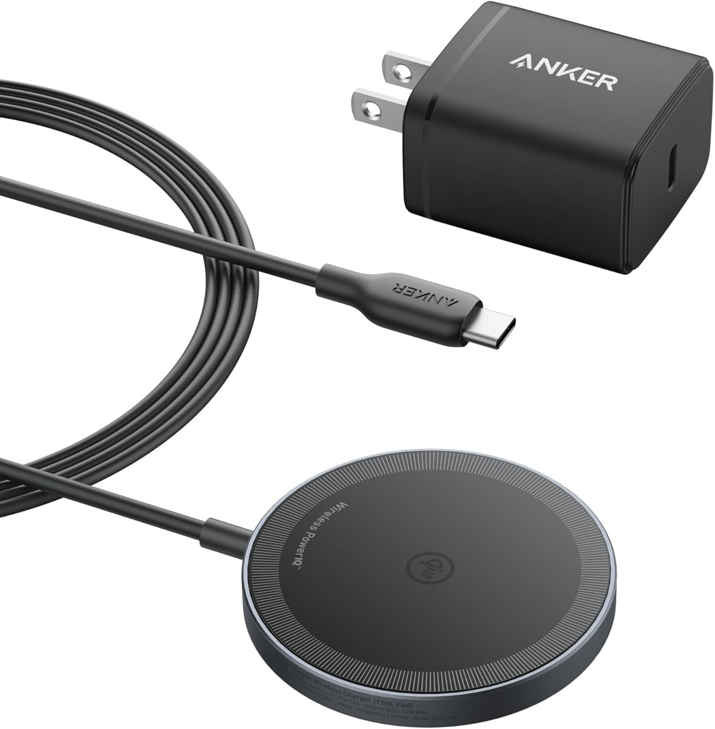 Anker MagSafe Charger Pad, MagGo iPhone 16 Wireless Charging Pad, Qi2 Certified 15W Wireless Charger, Compatible with iPhone 16/16 Plus/16 Pro/16 Pro Max/15/14/13/12 Series (USB-C Adapter Included)