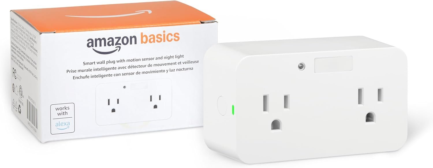 Amazon Basics Dual Smart Plug with Motion Sensor and Night Light, Works with Alexa Only, 2.4 GHz Wi-Fi, No Hub Required, 4.33 x 2.36 x 1.38 in, White