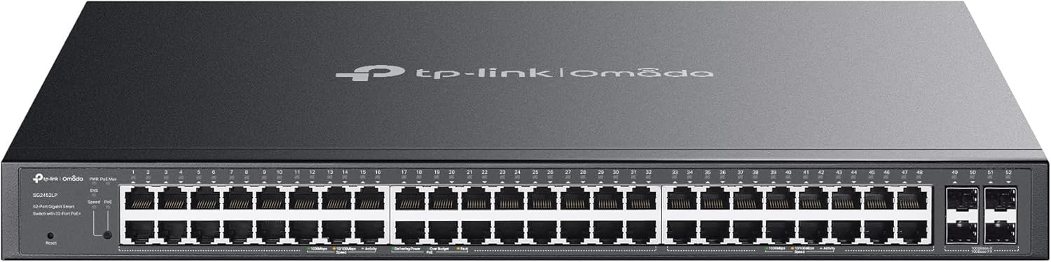 TP-Link 48 Port PoE Gigabit Switch(SG2452LP) | 32 PoE+ Ports, 16 Non-PoE Ports, 4 SFP Ports | 230W Budget | Omada Full Managed | Fanless | L2 Managed | VLAN, ZTP, LAG, PoE Recovery | 5-Year Warranty