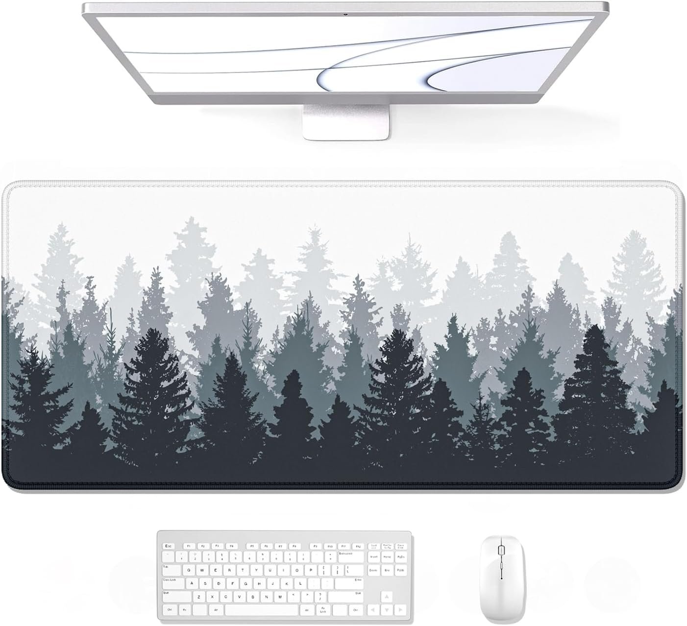 Auhoahsil Large Gaming Mouse Pad, Forest Theme XXL 35.4 x 15.7 in Desk Pad Stitched Non-Slip Rubber Long Computer Mousepad Thin Extended Full Size Desk Mat for Desktop, Laptop, Wireless Mice, White