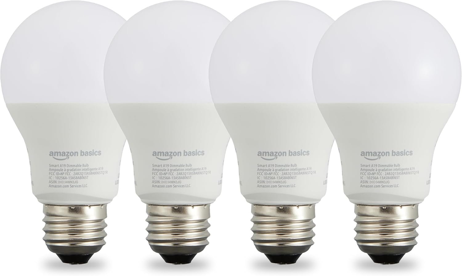 Amazon Basics Smart A19 LED Light Bulb, Dimmable Soft White (2700K), 9W (60W Equivalent), 800LM, Works with Alexa Only, 2.4 GHz Wi-Fi, No Hub Required, 4 Pack