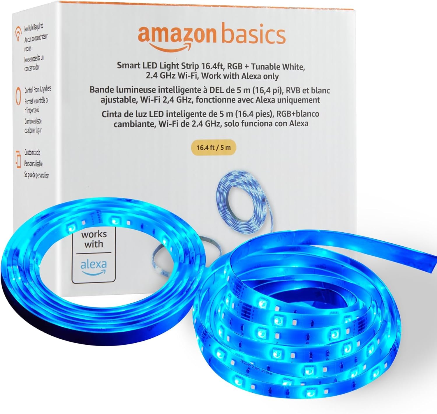 Amazon Basics Smart LED Light Strip, 16.4 Feet, RGB + Tunable White, Works with Alexa Only, 2.4 GHz Wi-Fi, No Hub Required