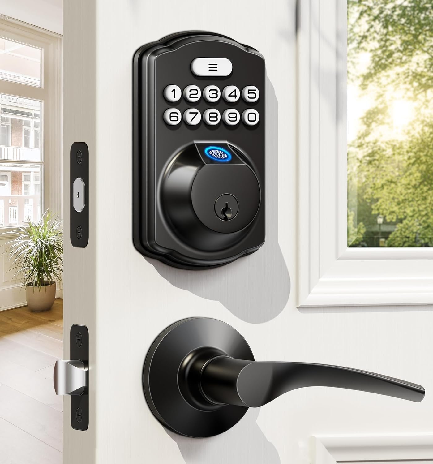 Veise Fingerprint Door Lock with 2 Lever Handles – Keyless Entry Door Lock, Electronic Keypad Deadbolt, Digital Smart Code & Front Handle Sets, Auto-Locking, Easy Installation, Matte Black