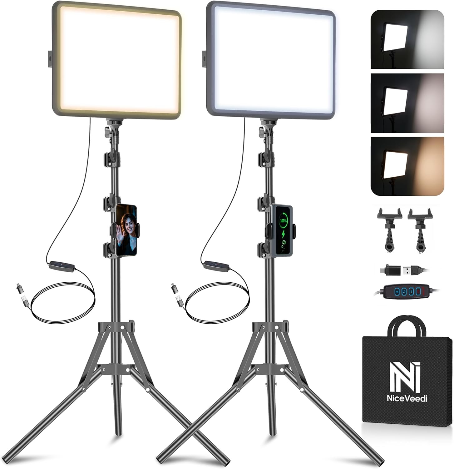 2-Pack LED Video Light Kit, NiceVeedi Studio Light, 2800-6500K Dimmable Photography Lighting Kit with Tripod Stand&Phone Holder, 73″ Stream Light for Video Recording, Game Streaming, YouTube