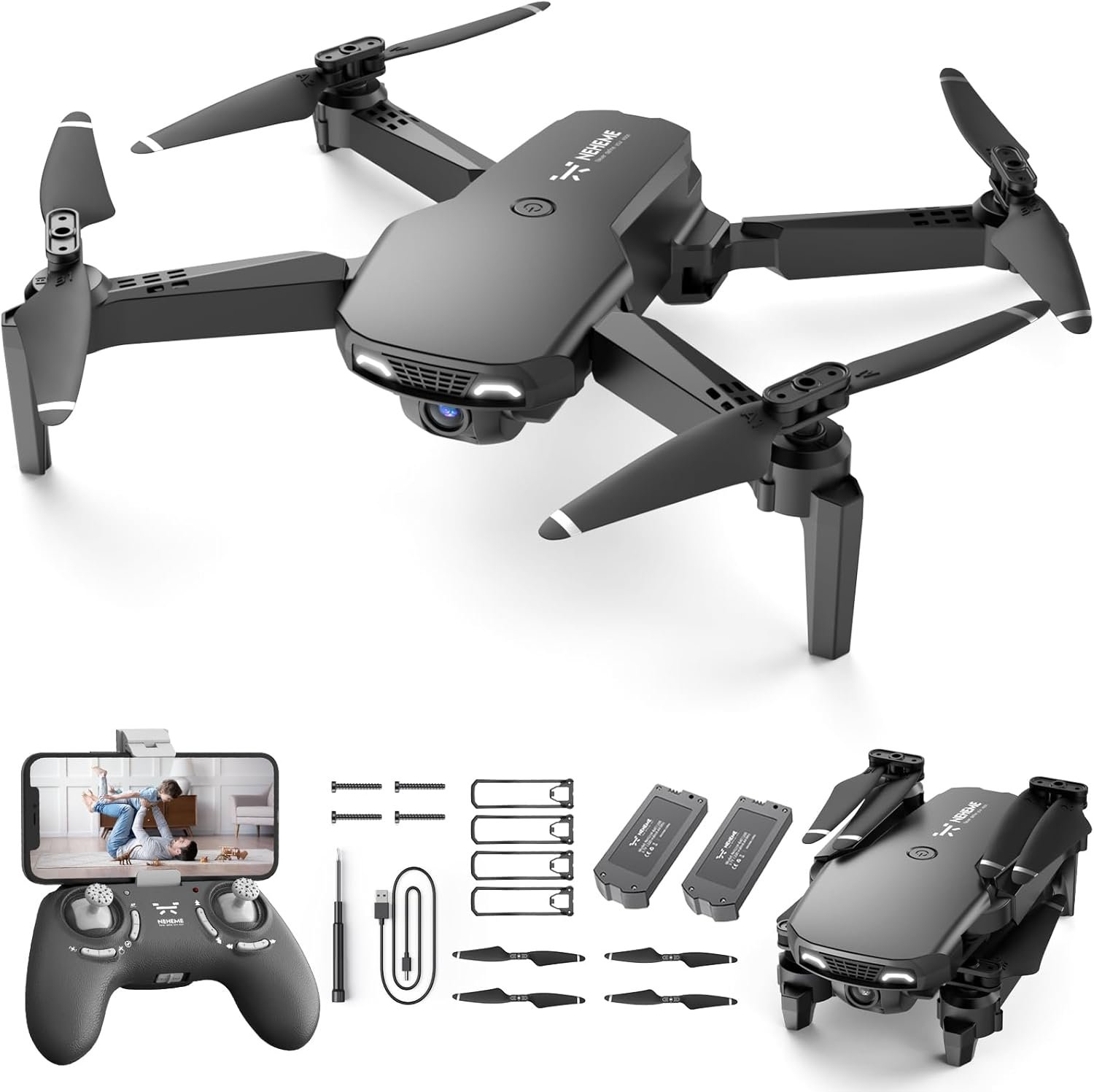 NEHEME Drones for Kids with Camera – Remote Control Helicopter Toys Gifts for Boys Girls, 1080P HD FPV RC Quadcopter for Adults, One Key Start/Land, Altitude Hold, Gravity Control, 2 Batteries, Black