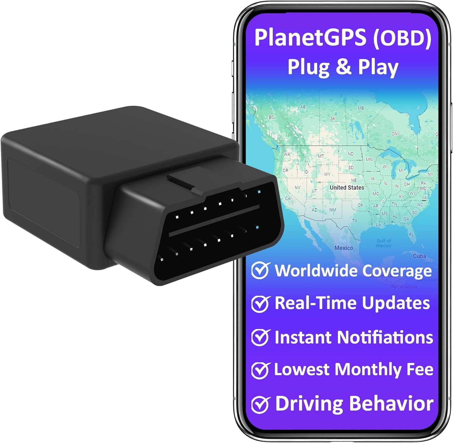 PlanetGPS (OBD) – Real-Time OBDII GPS Tracker for Vehicles with OBD2 Diagnostics for Cars Trucks w/Worldwide Coverage | Subscription Required (Starting $5.00/Month)