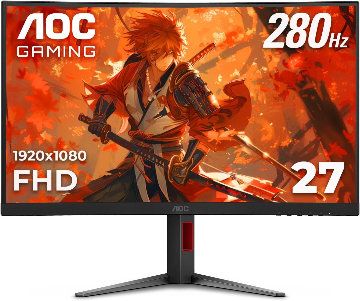 AOC C27G4ZH 27″ Curved Frameless Ultra-Fast Gaming Monitor, FHD 1080p, 0.3ms HDMI 240Hz/DP 280Hz, 1500R, AMD FreeSync, HDR, Height Adjustable, 3-Year Zero Dead Pixel Guarantee