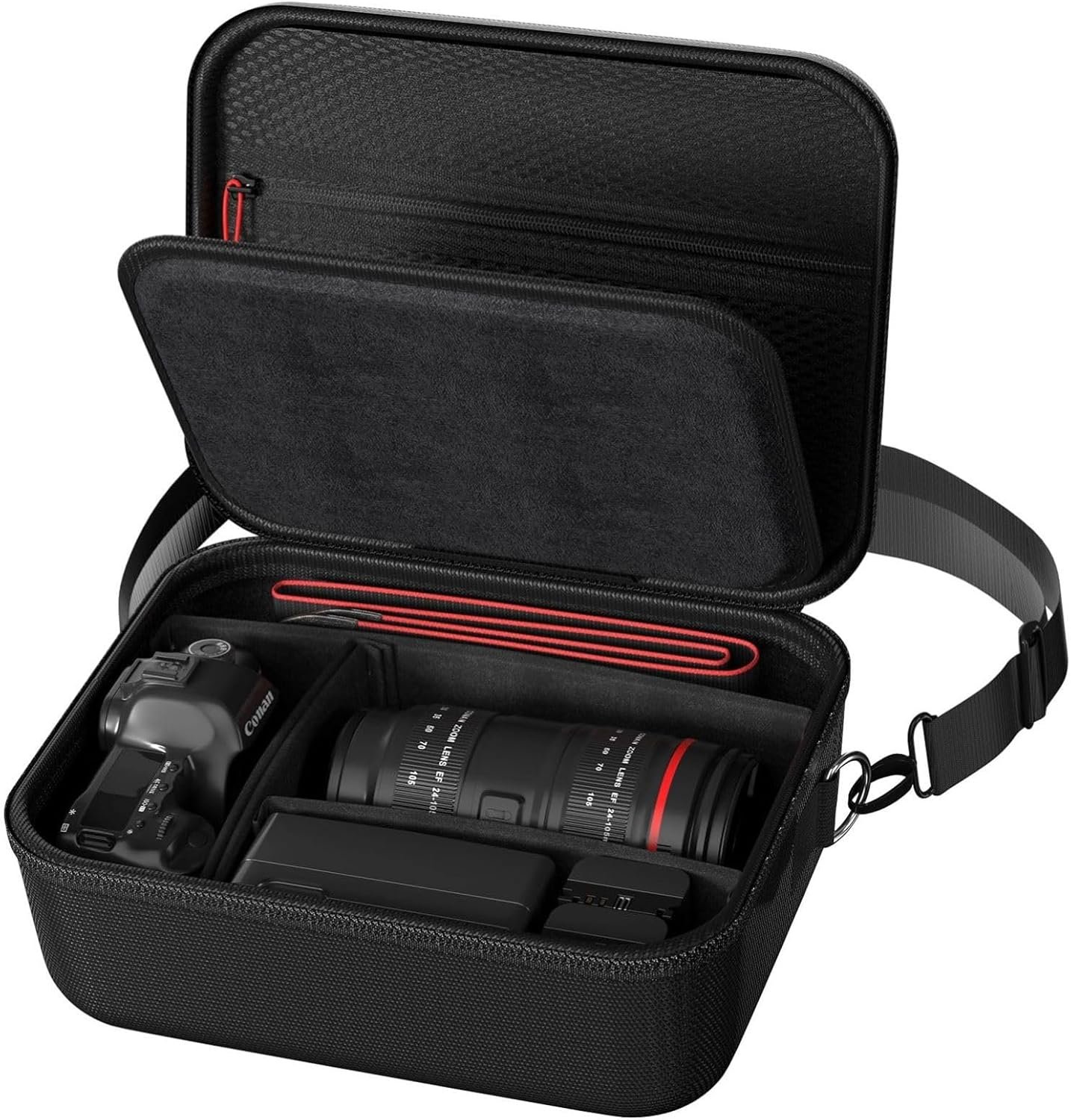 ProCase Hard Shell Camera Case for Canon Rebel T7/EOS R100/R50/DSLR/SLR/Nikon/Sony/Mirrorless Cameras, Soft Padded Digital Camera Travel Bag with 1 Shoulder Strap and 3 Adjustable Dividers -Black