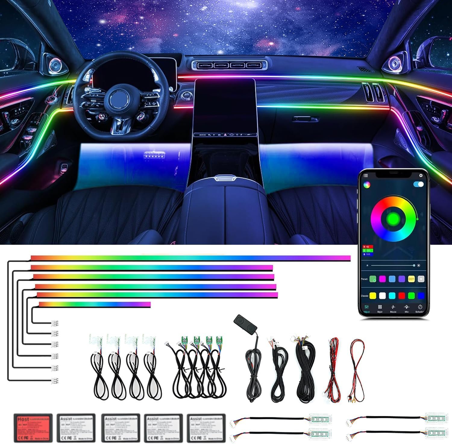Dream Color Acrylic Interior Car Ambient Light Kit, Bphuny 18 in 1 593 LEDs Fiber Optic Multiple Modes Decoration Atmosphere Lights with Music Dynamic Rainbow Rhythm, RGB Neon Lights for All Cars