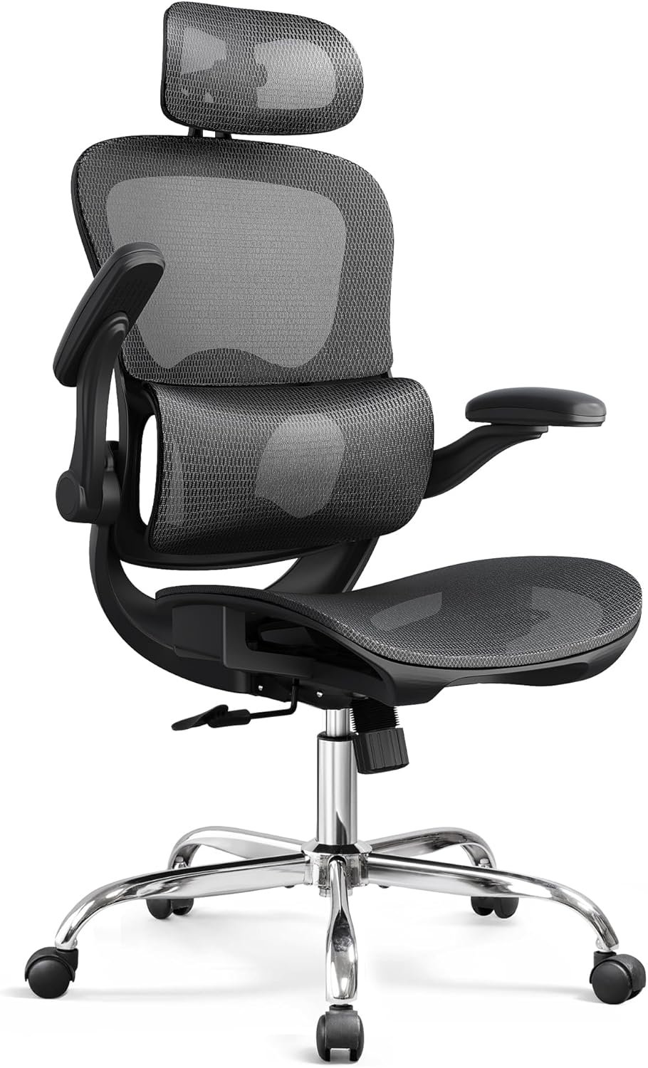 DEVAISE Ergonomic Mesh Home Office Desk Chair with Lumbar Support, High Back Reclining Computer Gaming Chair with Flip-up Armrests, 3D Headrest, Tilt Lock, Heavy Duty, SGS Class 4 Gas Lift, Black
