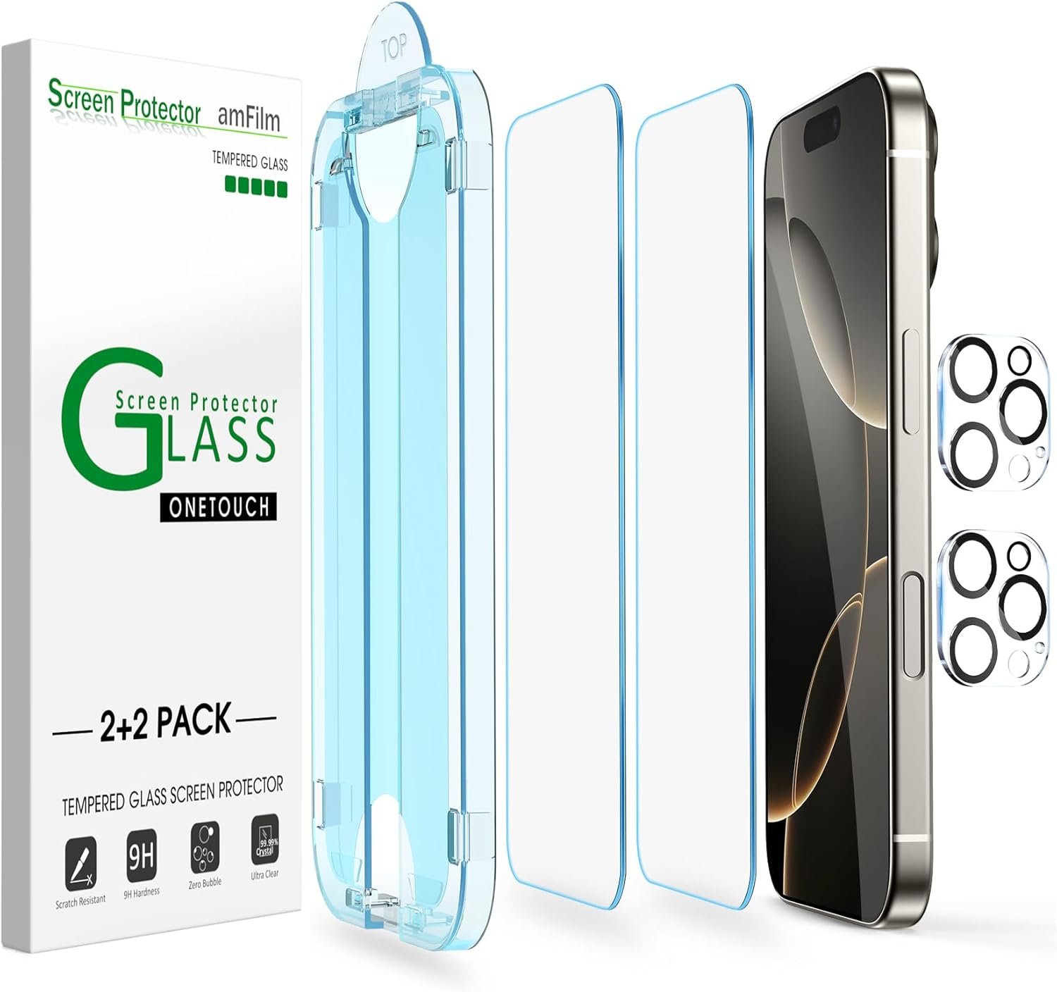 amFilm Auto-Alignment OneTouch for iPhone 16 Pro [6.3”] Screen Protector + Camera Lens Protector, Tempered Glass, 30 seconds Installation, Bubble Free, Case Friendly, Anti-Scratch [2+2 Pack]