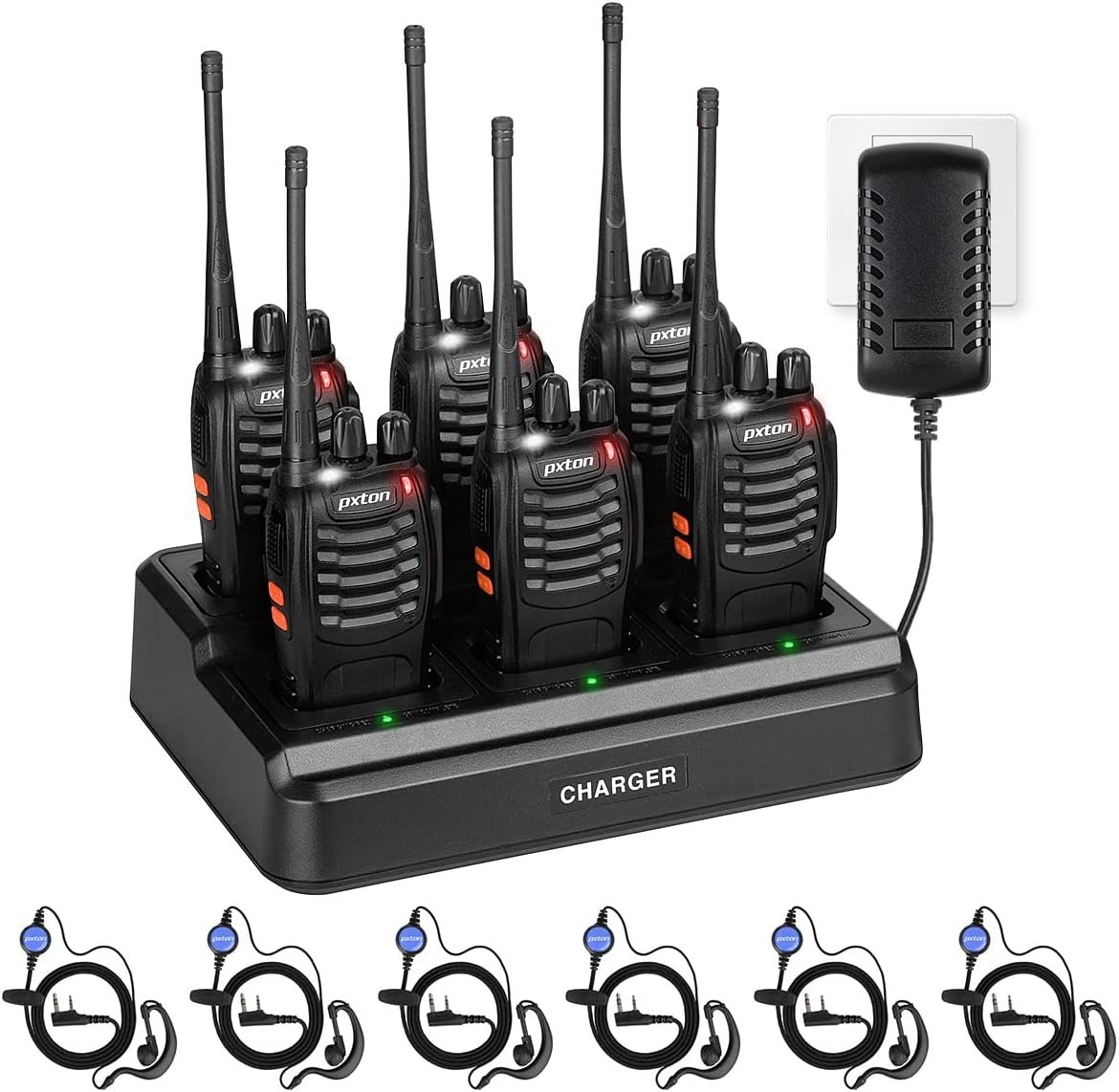 pxton walkie talkies for Adults Long Range with Upgraded Earpiece,radios walkie talkies Rechargeable Portable Two Way Radios with 6 Way Multi Gang Charger and Li-ion Battery (6 Pack)