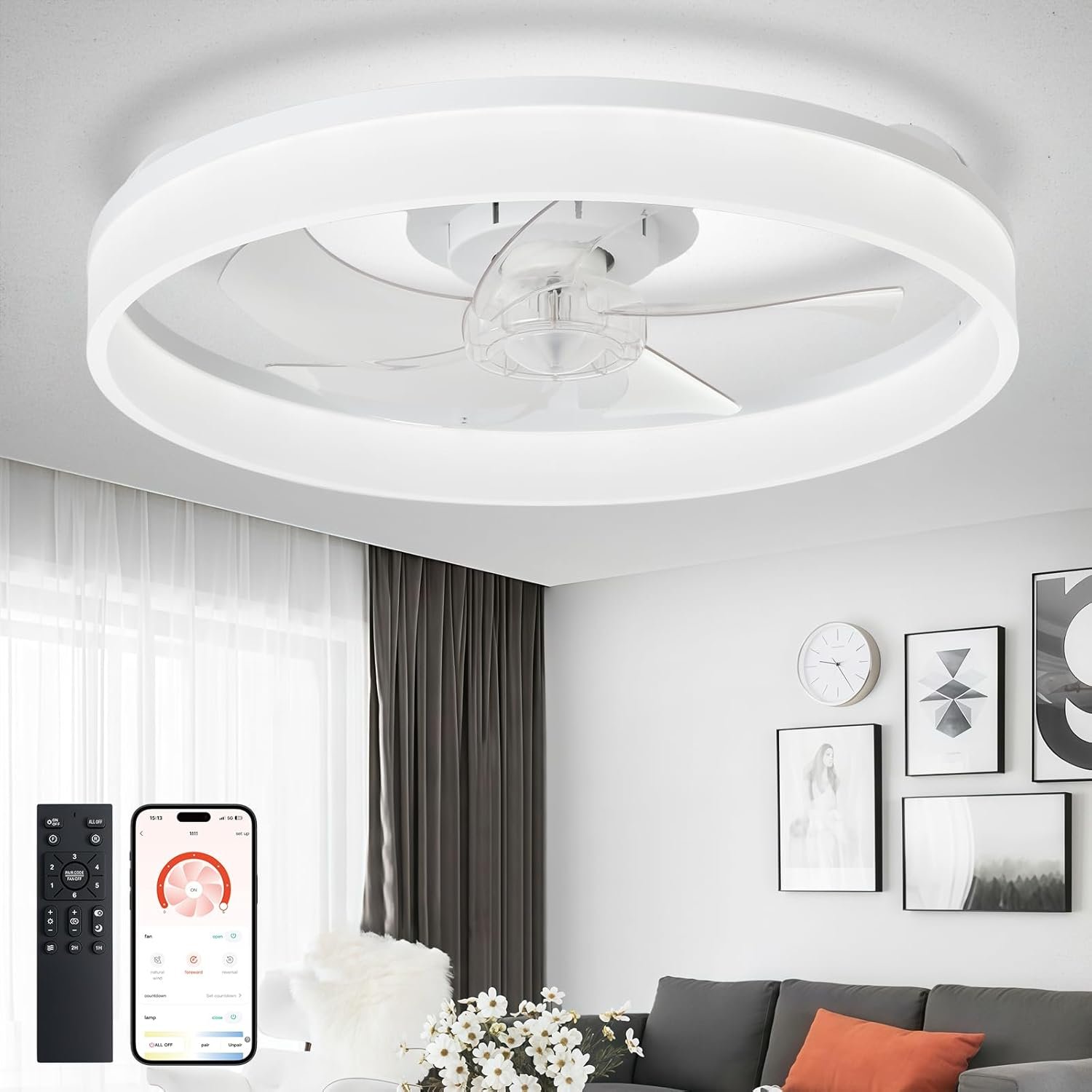 DLLT Modern Ceiling Fans with Lights: 20″ Flush Mount Low Profile Ceiling Fan with APP Remote Control – White LED Bladeless Fandelier Dimmable Quiet DC Motor for Bedroom Living Room
