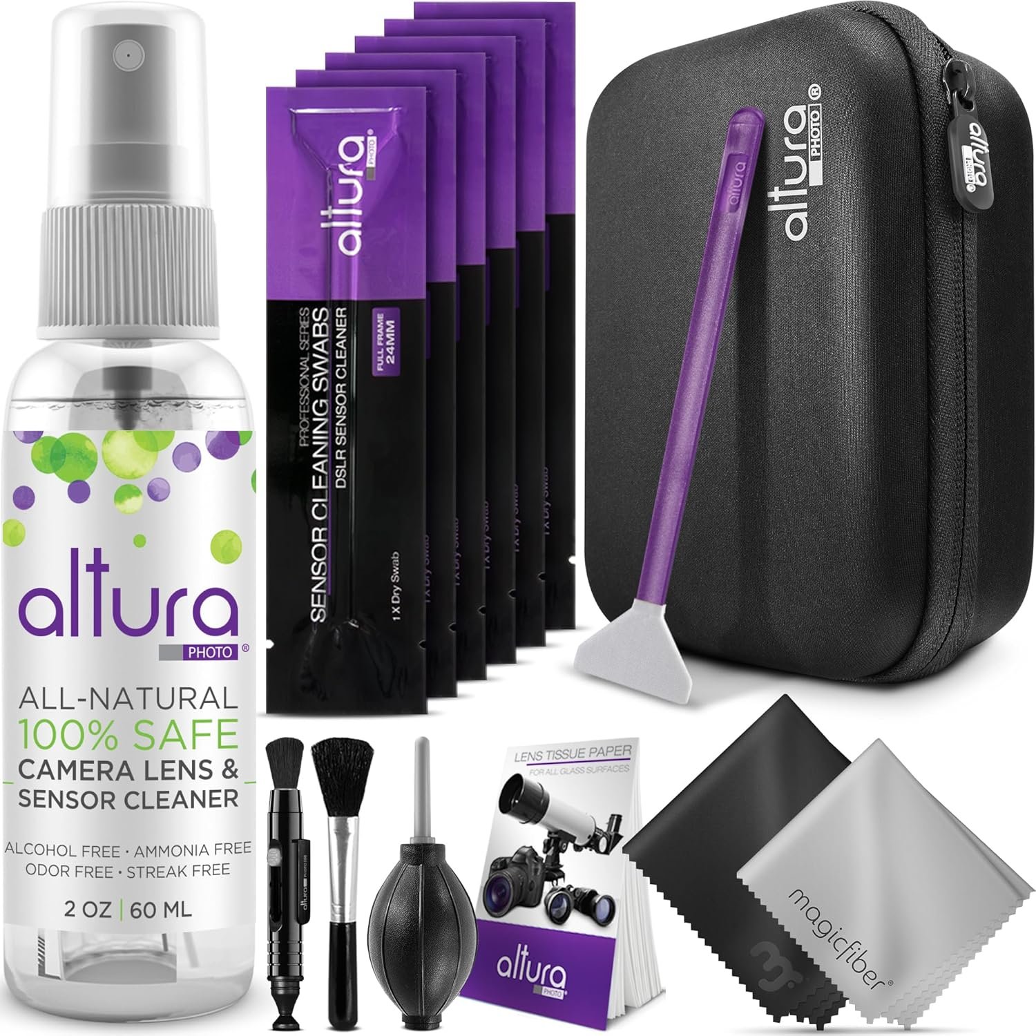 Altura Photo Professional Camera Cleaning Kit for Full Frame DSLR & Mirrorless Cameras – Lens and Sensor Cleaner – Includes Case, Spray, Swabs, Blower, Brush, Tissue Paper