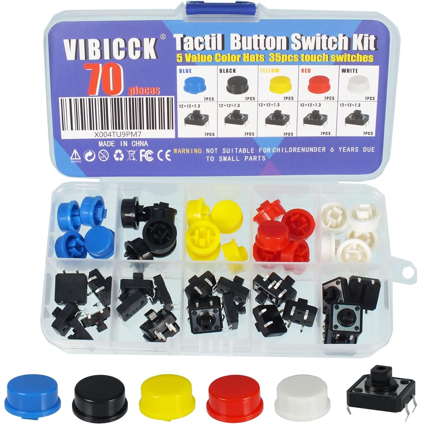 35 Sets 12x12x7.3mm Tact Tactile Button switches, 4-pin instantaneous PCB Micro switches with caps, Suitable for Arduino, AE1027 5-Color Circular Cap Combination kit for DIY 70 Pieces
