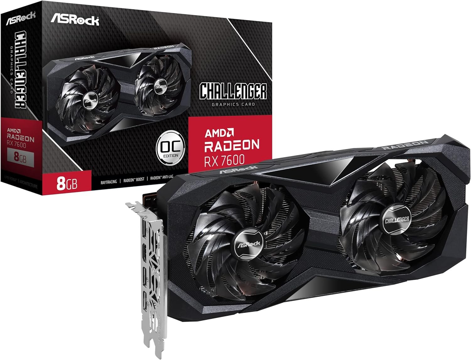 ASRock AMD Radeon RX 7600 Challenger 8GB OC GDDR6 DisplayPort HDMI 0dB Silent Cooling Graphics Card 128-bit 7680 x 4320 18 Gbps Graphics Card
