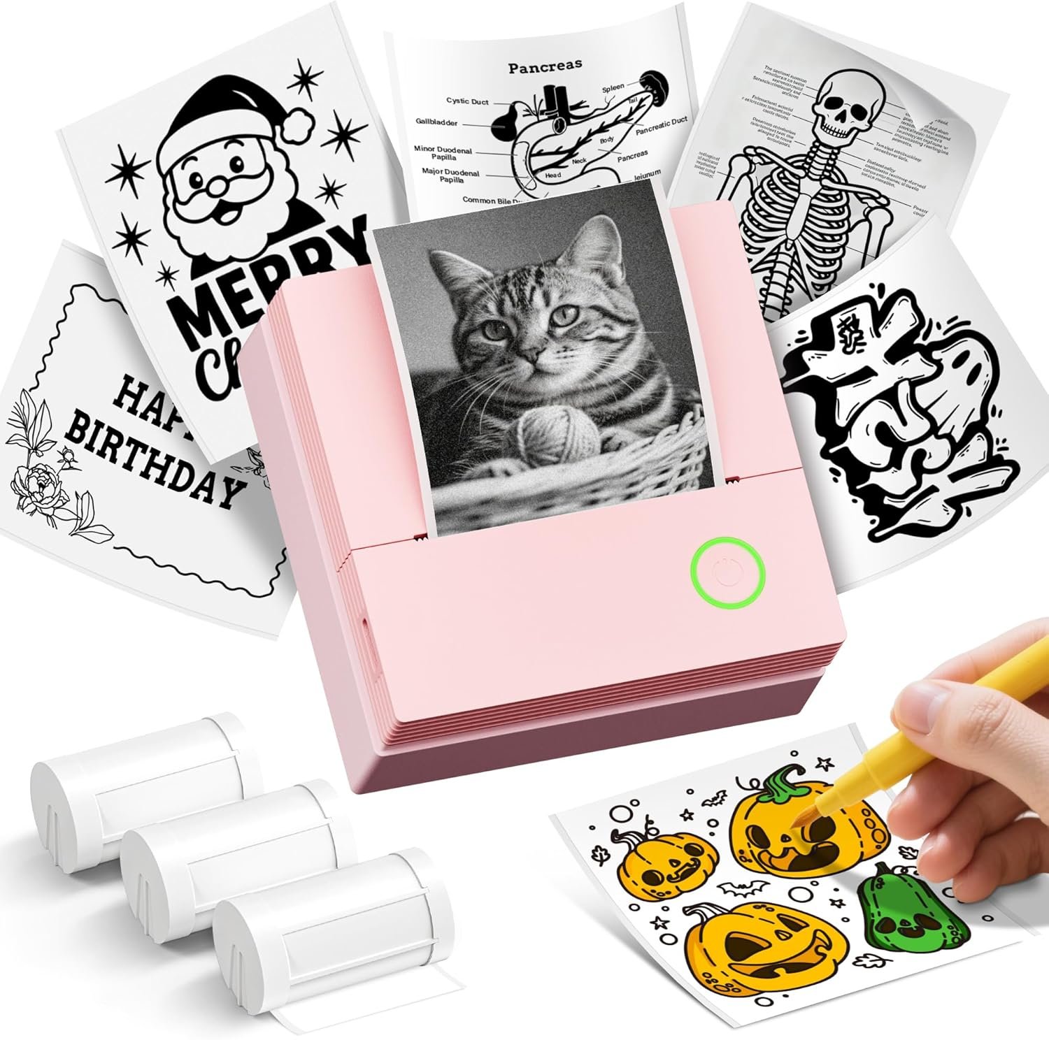 Sticker Printer, PM290C Portable Mini Printer, Inkless Bluetooth Sticker Maker with 3 Rolls Paper, Impresora Portátil for Notes, Journal, DIY, Gift, Print Pod for School/Office/Christmas, Pink