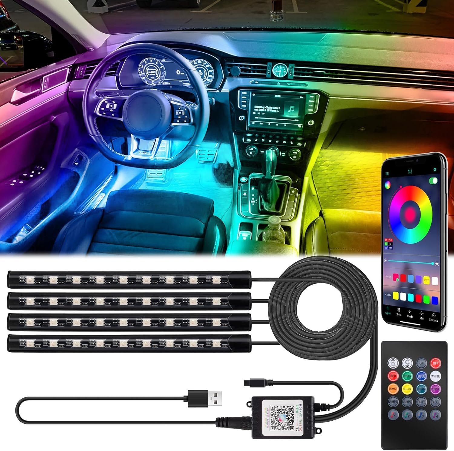 Car Interior Lights, 5V LED Strip Lights with USB Adapter, Ambient Car Lighting Kit, App & Remote Control Music Sync Color Change Strip Lights for SUVs & Trucks, Car Accessories for Women Men