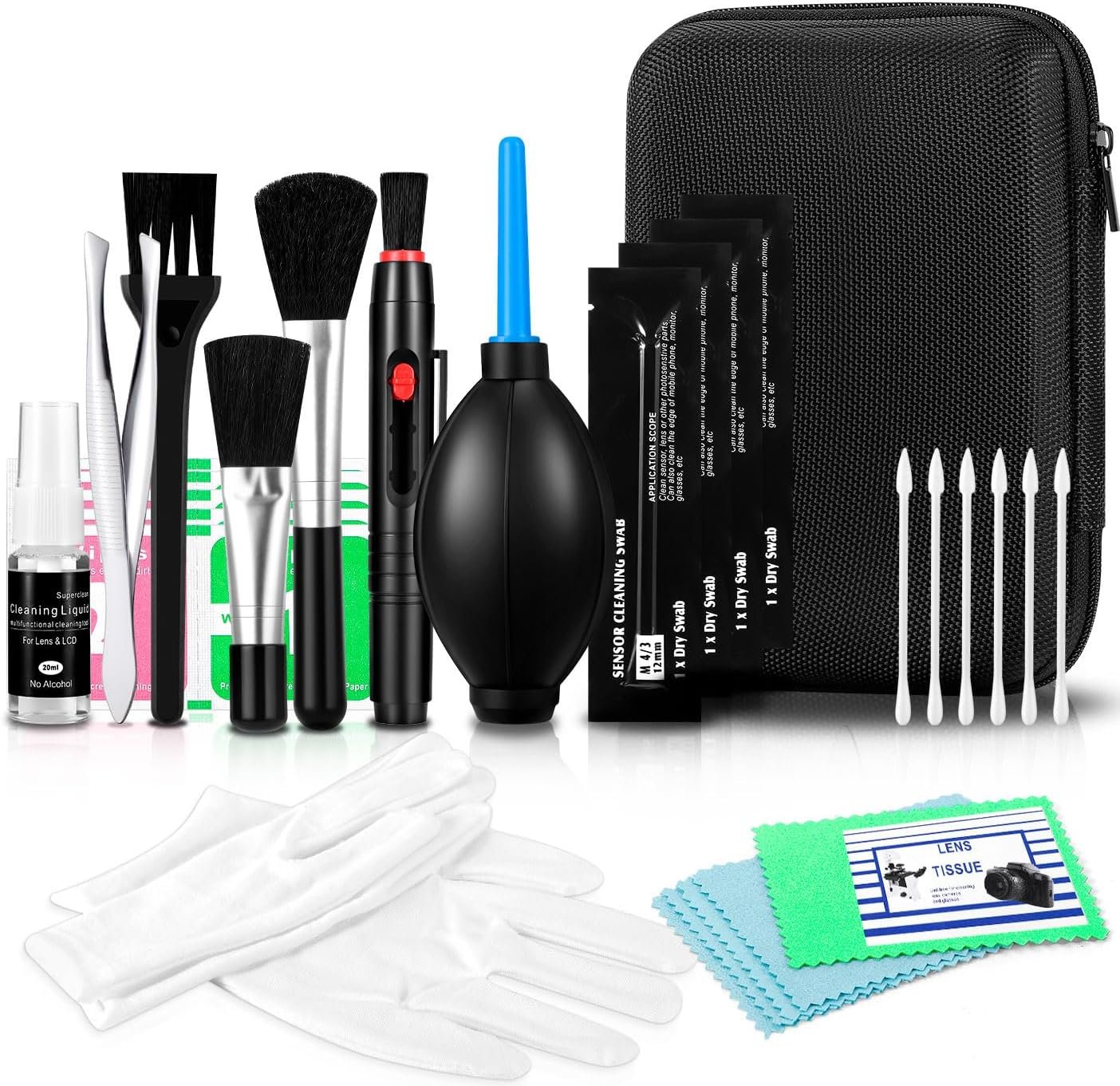 Camera Lens Cleaning Kit – Mirrorless and DSLR Camera Cleaning Kit for Canon, Sony, Nikon, Including Lens Paper/Blower, Cleaning Solution, Cotton swabs, dust Free Cloth, Lens Pen, Cleaning Brush