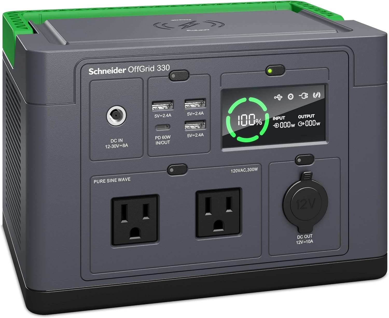 Schneider Electric OffGrid 332Wh Portable Power Station, PPS330 Portable Solar Generator with Wireless Charging Pad, for Camping or Home